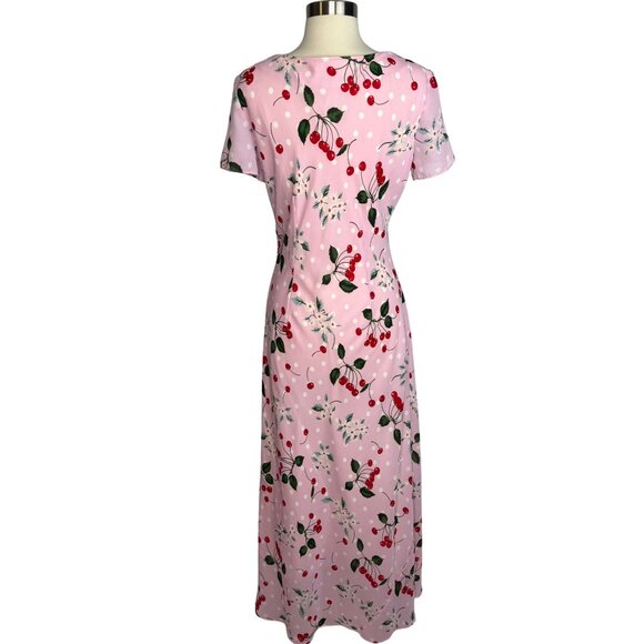 VTG Softgirl Cottagecore Ronni Nicole By Ouida Pink Cherry Print Maxi Dress Sz8 - Picture 7 of 9